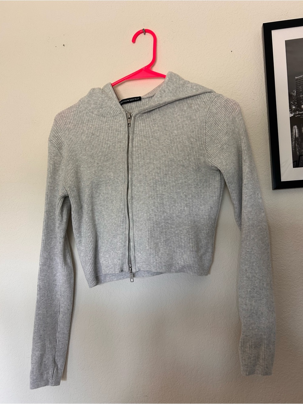 Brandy Melville Light Gray Ribbed Zip Hoodie
